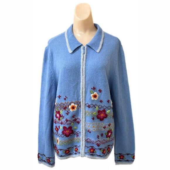 Vintage Hand Embroidery Mohair Lambs Wool Zip Large Cardigan Blue PARAPHRASE - Picture 1 of 4